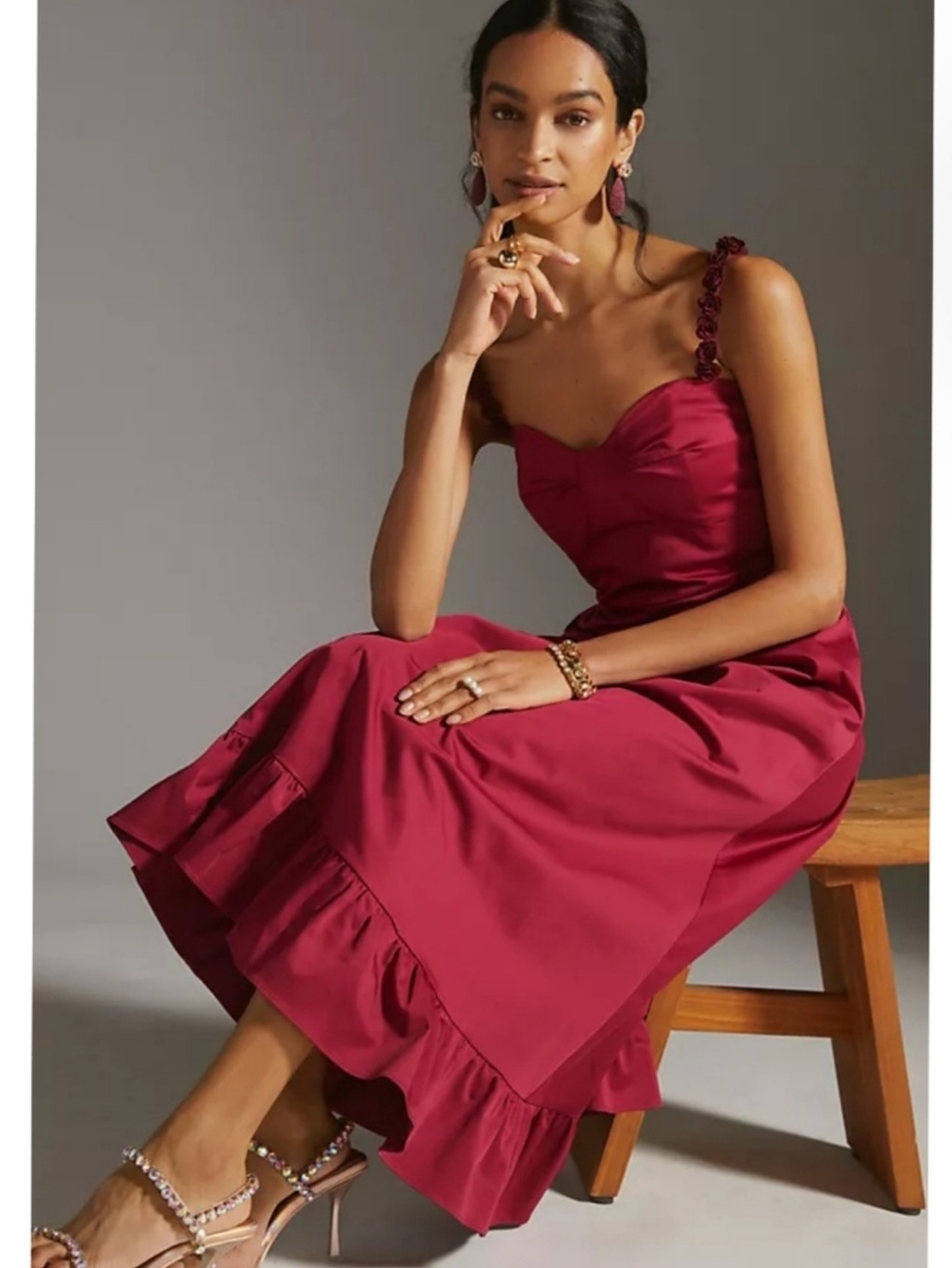 Hutch Anthropologie MIDI Dress Rose Straps Ruffle Hem Sweetheart neckline Size 6